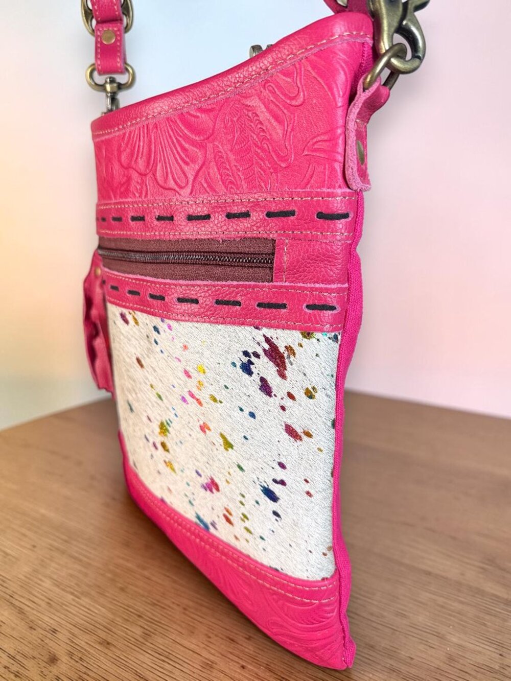Mrya Bag Rosa Verde Leather, Upcycled Canvas & Hairon Crossbody Bag - NEW - Picture 5 of 13